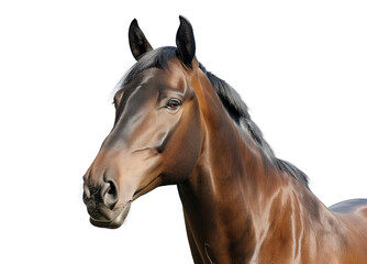 A close-up profile of a majestic brown horse, showcasing its strong features and beautiful coat against a white background