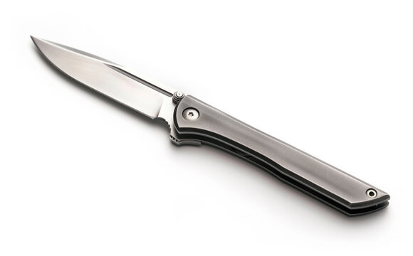A high-resolution image showcasing a sleek, modern folding knife with a sharp blade and textured handle, isolated on a white background.