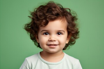 Portrait of a cute little boy with curly hair over green background