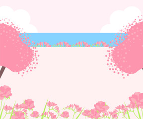 Summer sale template with pink trees and tender flowers. Vector illustration eps10. Picture of a green spring meadow with blooming pink trees. 