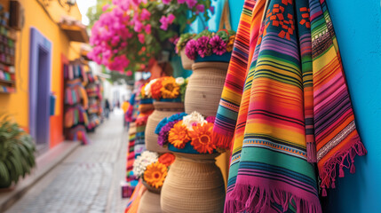 Colorful textiles and flowers for sale on street market in tourist travel destination.