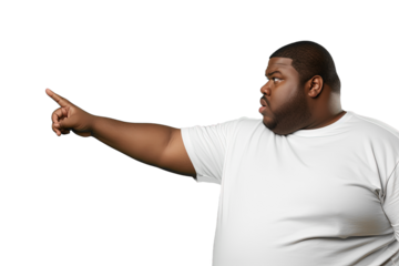 Close up of a fat african man pointing with his finger