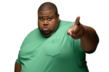 Close up of a fat african man pointing with his finger
