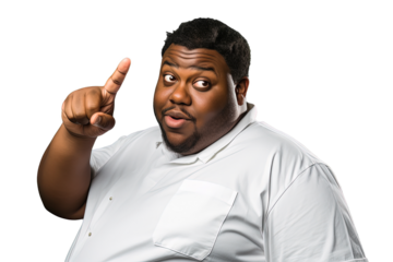 Close up of a fat african man pointing with his finger
