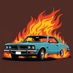 Fototapeta na wymiar Car on fire, hotrod automobile insurance hazard, vector clipart illustration