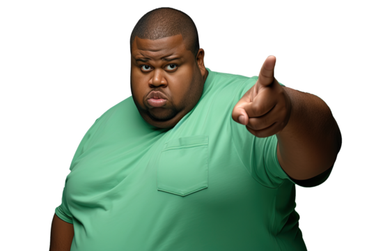 Close up of a fat african man pointing with his finger