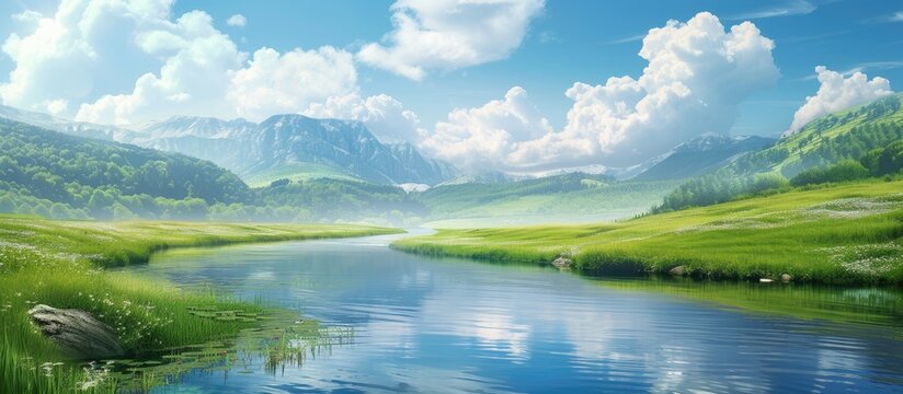 A painting depicting a majestic river flowing through a lush green valley under a dreamy blue sky and cloudy spring atmosphere. The vibrant greenery contrasts with the serene blue tones of the water