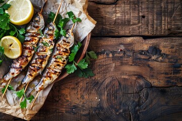Close up view of grilled fish on skewers served on a rustic wooden table with empty area seen from above - obrazy, fototapety, plakaty