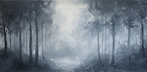 Monochrome Misty Forest Oil Painting
A serene monochrome oil painting depicting a misty forest with light filtering through the dense canopy of tall trees.
 - obrazy, fototapety, plakaty