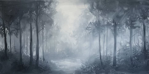 Fotobehang Monochrome Misty Forest Oil Painting A serene monochrome oil painting depicting a misty forest with light filtering through the dense canopy of tall trees.  © nialyz