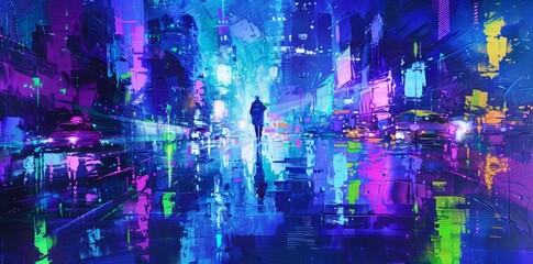 Neon Cyberpunk Cityscape with Reflective Streets
Futuristic cyberpunk cityscape bathed in neon lights, with a lone figure and cars reflecting on the wet street's surface.
