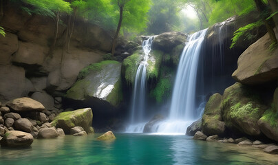 Fototapeta na wymiar Waterfall flows into lake, landscape, wildlife