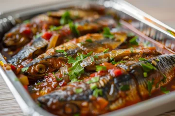 Tuinposter Canned sardine simple and tasty with chili onion and garlic served on a white table Selective Focus and top view © VolumeThings