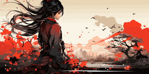 Japanese anime warrior girl. Samurai of Japan. vector flat bright colors