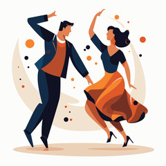 Elegant couple dancing salsa in stylish clothes. Man in suit leads woman in flowing dress. Dance partners in motion, expressing joy and rhythm vector illustration.