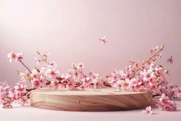 Cherry blossom flowers adorn the round podium for cosmetic beauty products