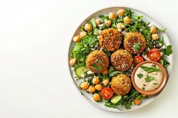 Chickpea falafel plate with tahini sauce White background Top view space for text