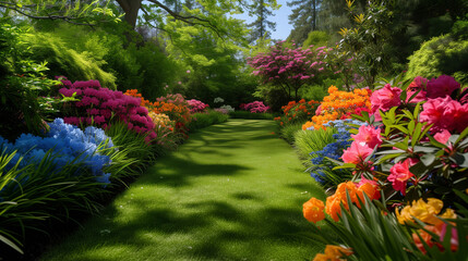 Colorful garden in bloom. Well maintained and manicured.