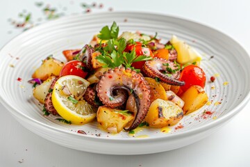 Close up of a white plate bearing a warm salad with octopus potatoes tomatoes and lemon - obrazy, fototapety, plakaty