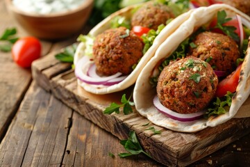Close up of falafel with veggies and tzatziki in pita on a wooden table