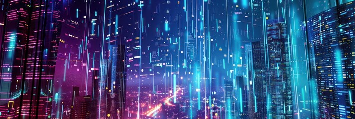 Neon cityscape with futuristic skyscrapers