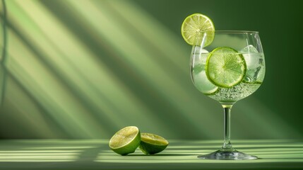 Refreshing sparkling water with limes in sunlit glass, a summer beverage concept