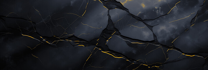 Black grunge banner. Abstract stone wall texture background. Close-up shot with gold veins. Dark rock backdrop with copy space for designs