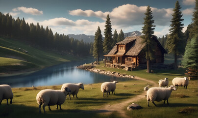 A flock of sheep grazing in a meadow by the lake near the house on the forest glade