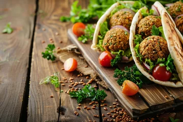 Fotobehang Close up view of pita bread filled with fresh vegetables and falafel on a wooden table © VolumeThings