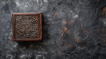 Decorative wooden carving against a grunge textured wall