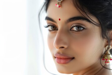 Closeup portrait of a stunning Indian girl with flawless skin wearing makeup Emphasizing beauty health and care Isolated on a white background
