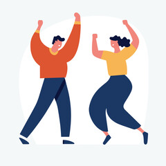 Young man and woman celebrate success with raised arms. Joyful characters achieving goals, excitement depiction. Celebration and happiness concept vector illustration.