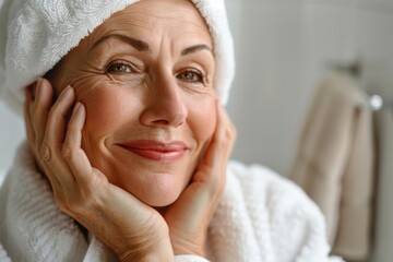 Closeup portrait of middle aged woman in bathrobe with perfect complexion touching face in bathroom Conveys skin care spa wellness concept - obrazy, fototapety, plakaty
