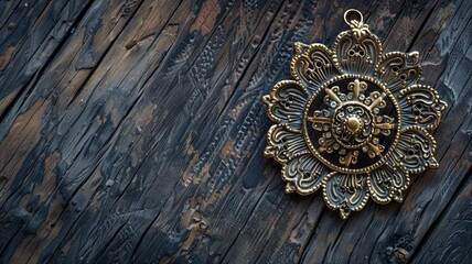 Close-up of a single, intricately designed handmade jewelry piece against a rustic wood background