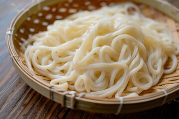 Cold udon noodles served on bamboo