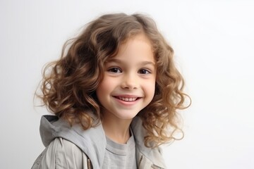 Portrait of a cute little girl with curly hair on white background