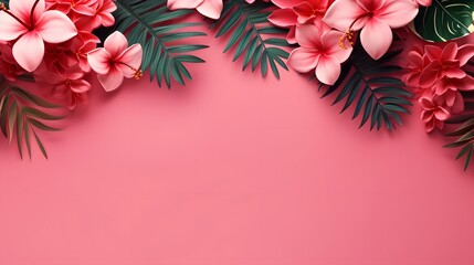 Pink background with tropical leaves and flowers. Summer jungle plants, exotic palm leaf, monstera leaves with space for text, top view