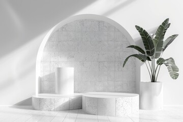 Contemporary white stage design with curved alcove two cylinder podiums mosaic tile elegant style template for showcasing cosmetic products spa goo