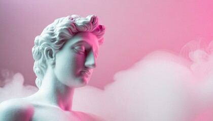 Gypsum statue of Apollo's bust. Statue vapor wave background concept.	

