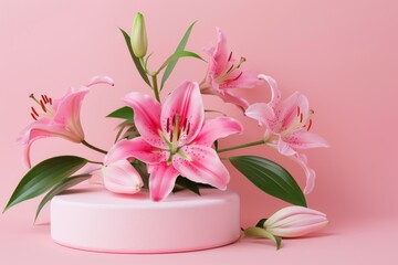 Cosmetic perfume and product presentations feature lily filled displays on pink backgrounds