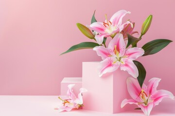 Cube podium showcasing flowers for a romantic valentine themed product presentation on a pink background