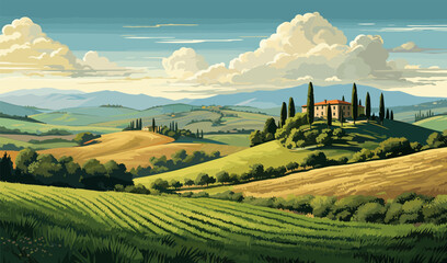Landscape in Tuscany illustration, Italian landscapes, panoramic countryside farmland vector illustration
