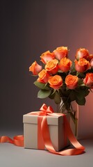 orange roses and gift box