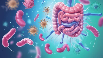 Fotobehang Diagram illustrating the role of probiotics in maintaining gut flora balance and digestive well-being © Anna