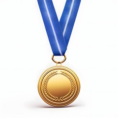 Gold medal with blue ribbon isolated on white background.