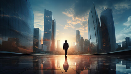 Business man concept with skyscrapers, Reflective skyscraper business office buildings. luxury modern highrise buildings and the city can use for business and finance background