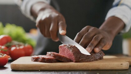 Man cutting beef meat
