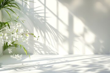 Empty white studio background for product presentation shadows of window flowers and palm leaves 3d...