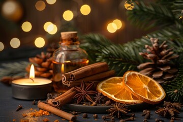Essential oils including star anise clove cinnamon frankincense dried orange aroma lamp and pine branches in the background