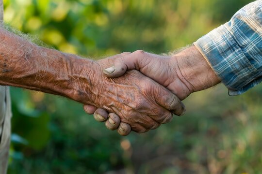Farmers shake hands outdoors in a field up close